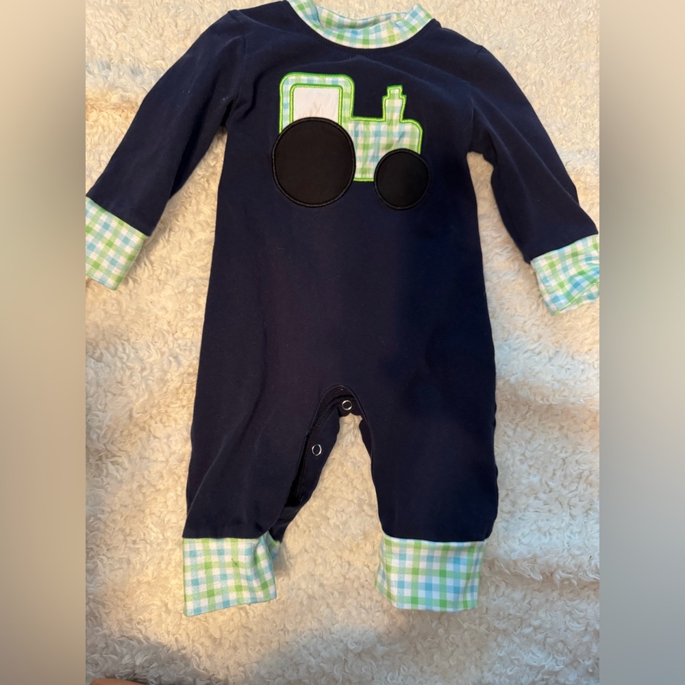 Navy One-Piece Footie with Green Gingham Tractor Appliqué